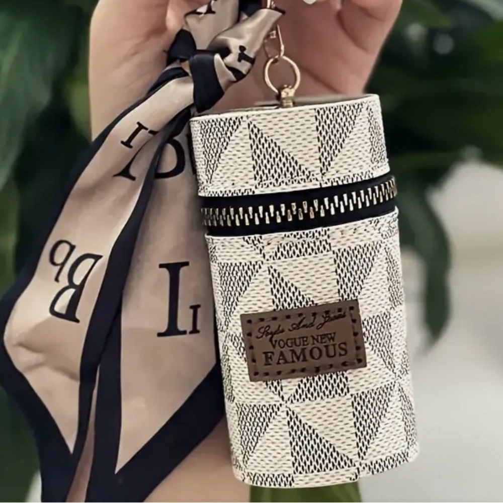 New Leather Round Zippered Coin Pouch Keychain with Scarf Trim -Novelty Lipstick